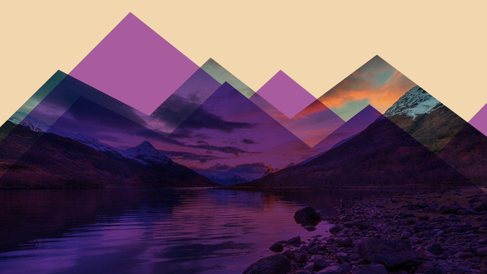 A vibrant landscape featuring layered mountains and a scenic lake, enhanced by geometric purple shapes against a soft beige background.
