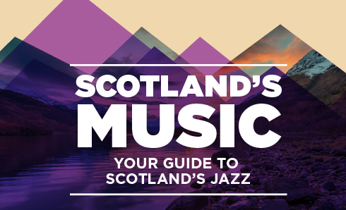 Title: Scotland's Music - Your Guide to Scotland's Jazz, featuring vibrant geometric mountain shapes and a serene water backdrop.