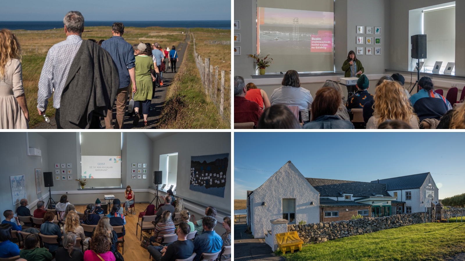 A collage of four images from Buain, an event on the Isle of Lewis. Images show a group of attendees walking down a countryside path, speakers presenting different sessions and an exterior shot of the venue, Grinneabhat.