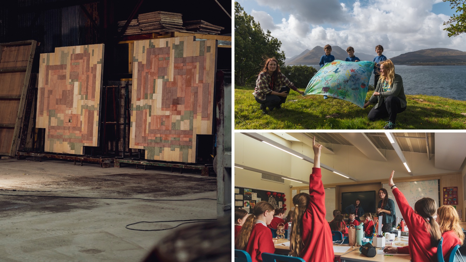 A collage of three images from different elements of Climavore’s Bivalve Murals project. Images show the final murals, made of waste shells from restaurants across Skye, teachers and school children holding a fabric mural in front of the sea and children in a classroom participating in a session.