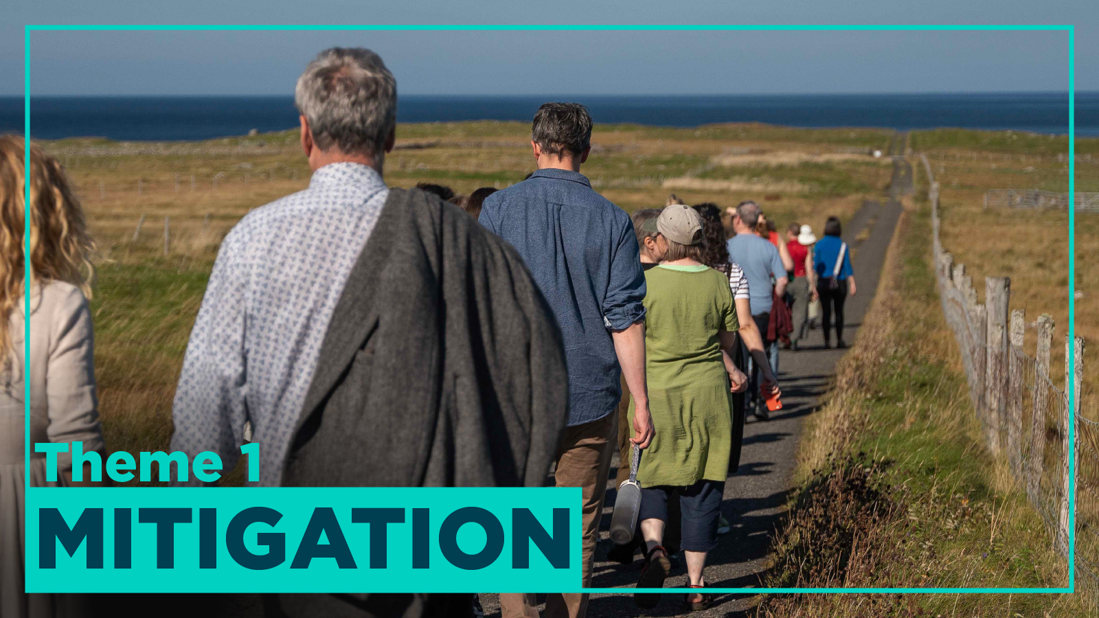 An image of a group of Buain event attendees, walking through down a countryside path in Bragar, Isle of Lewis, Scotland. Theme 1 Mitigation is displayed below.