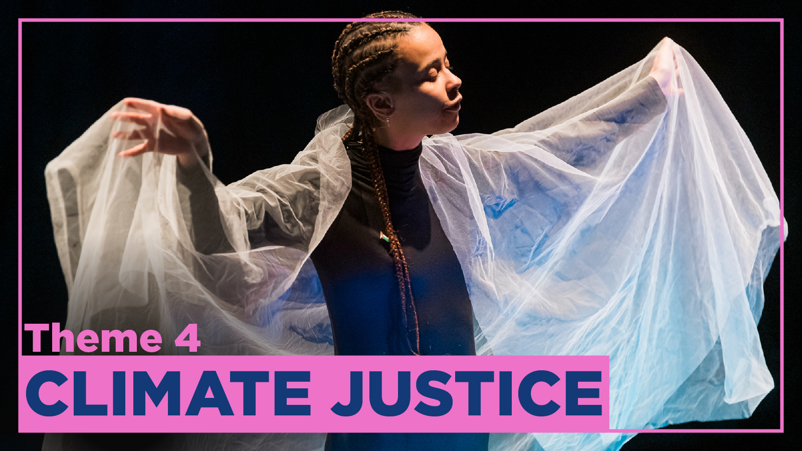 An image showing a young person performing as part of Take One Action 2024. They have a sheer, white piece of fabric draped across their shoulders. Theme 4 Climate Justice is displayed below.