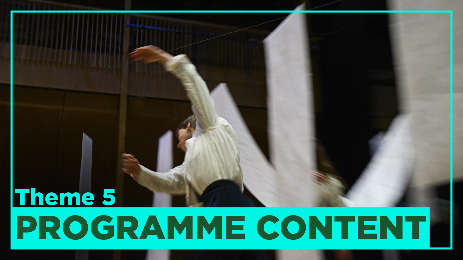 An image of two dancers performing A Journey of Flight by Kathryn Gordon. They perform against a backdrop of flowing white sheets. Theme 5 Programme Content is displayed below.