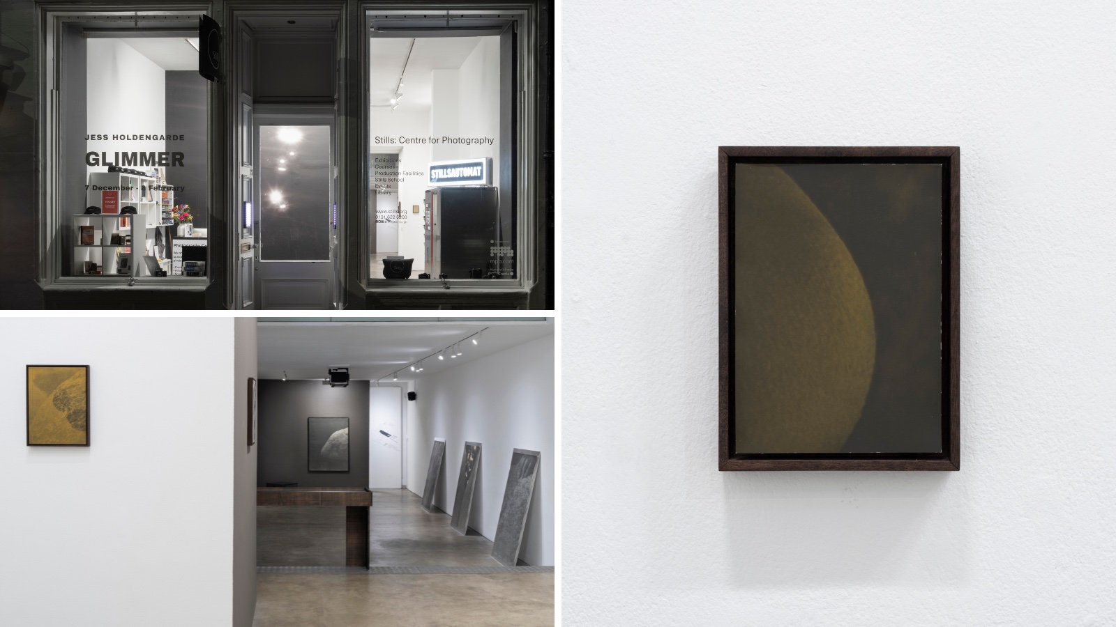 A collage of three images from Jess Holdengarde’s exhibition, Glimmer. Images show the exterior of the venue, Stills in Edinburgh, exhibition shots and a close up one of the sustainable silver gelatin prints.