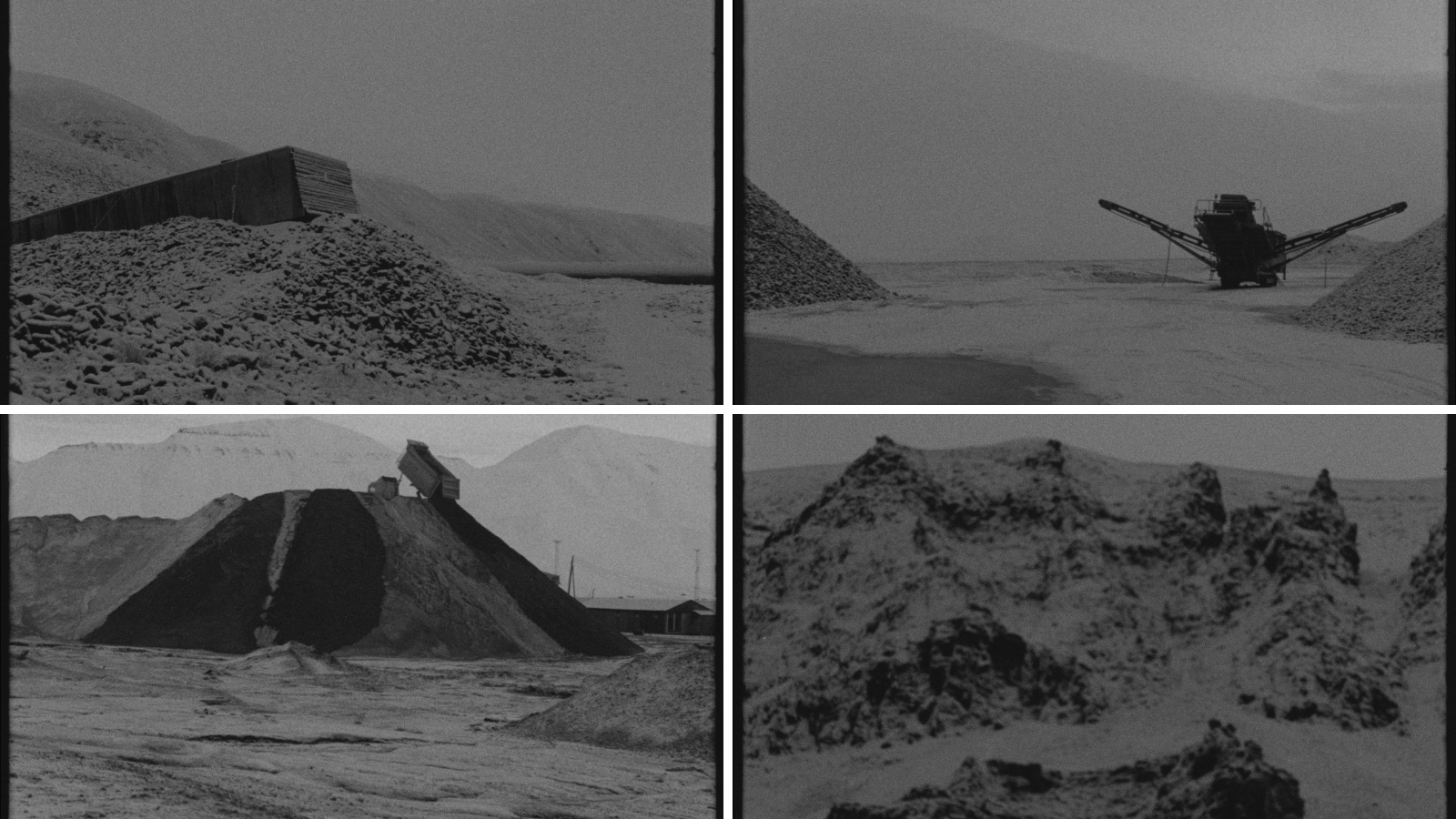 A collage of four photographs taken by Mhairi Killin, shot on Canon Scoopic 16mm film. All taken in Svalbard, the images depict the works depot and mine number 7 from Adventalen, the coal depot and coal pier at Hotellnesset and the Platåberget seen from Vestpynten.