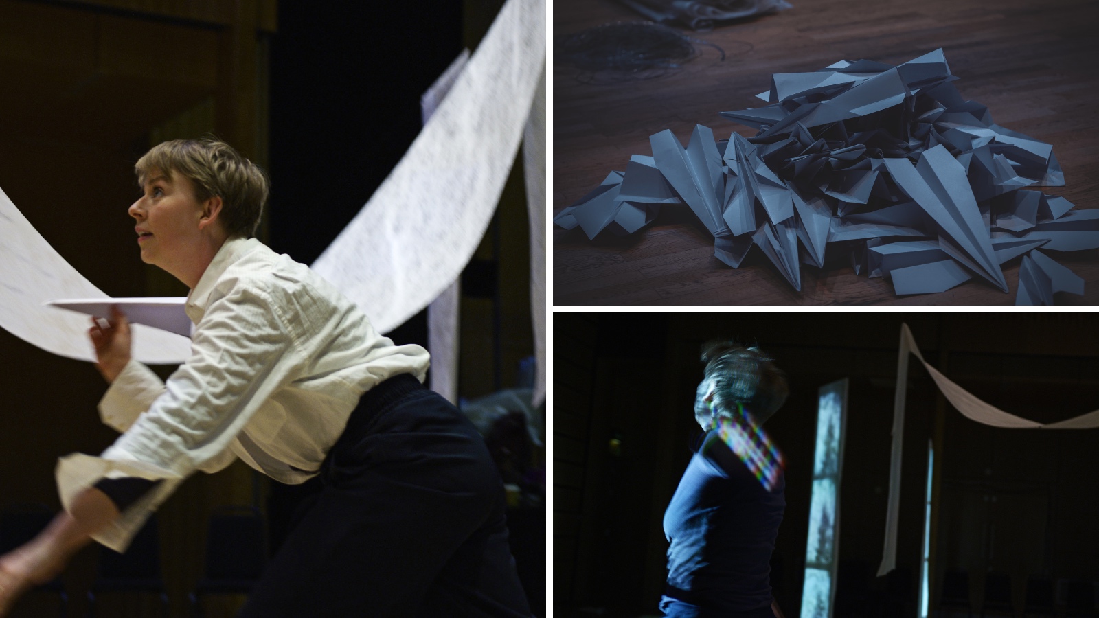 A collage of images from the performance, A Journey of Flight by Kathryn Gordon. Images show two dancers performing against a backdrop of flowing white sheets, using paper planes as props and the visual projections used as part of the set design.