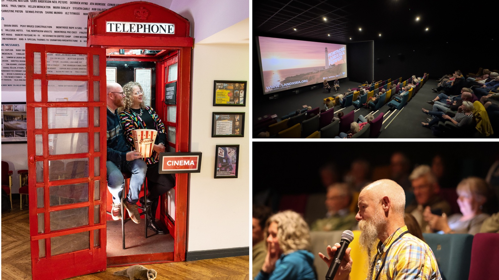 A collage of three images from LandxSea Festival. Images show a telephone box being used as a small cinema, the audience attending a cinema screening and a member of the audience speaking as part of a Q&A session.