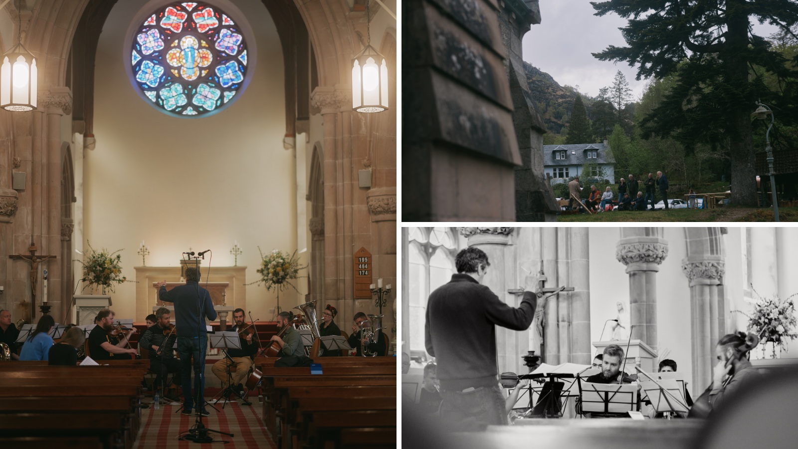 A collage of three images from the Loch Sheil Festival. Images show musicians performing in a church, in front of a stained-glass window, a group of people sitting outside the venue and string musicians performing with a conductor in front of them.
