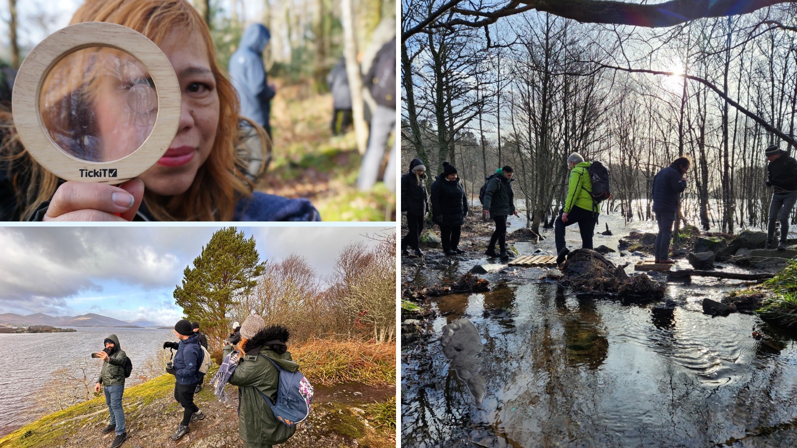 A collage of three images from Glashow Baron’s Musicians in Exile Projects. Taken at Loch Lomand and Trossachs National Park, Scotland the images show a person holding a magnifying glass, a group looking out at the view and a group crossing over water by stepping stones.
