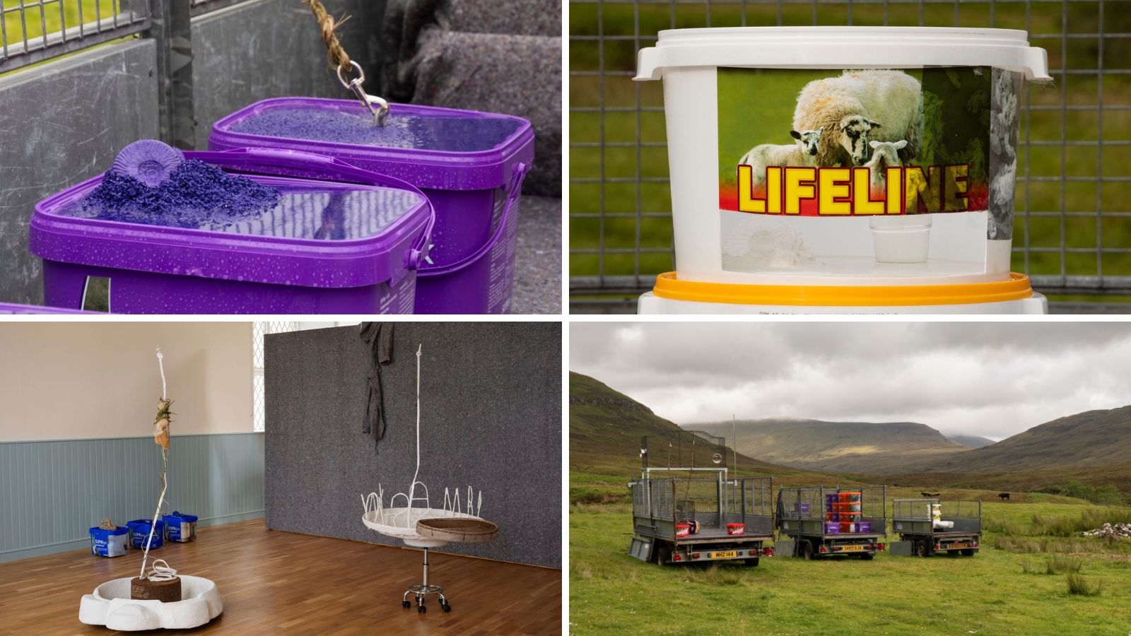 A collage of four images from Lauren Gault Samhla, Installation in North Skye. Images show objects, texts and materials used as part of the work and the setting of farmlands and the inside of a church hall where the work was shown.