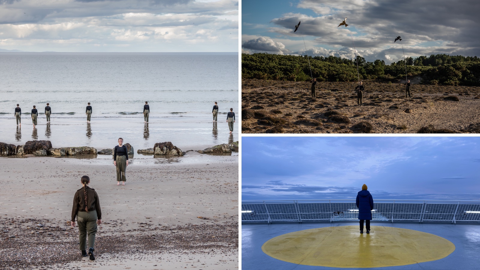 A collage of three images from Gail Sneddon’s dance piece SAVAGE and research project. The images show women from the Dance North Youth Company performing in the sea and on sand dunes in Findhorn, Scotland and Gail on a ferry, as part of the research project.