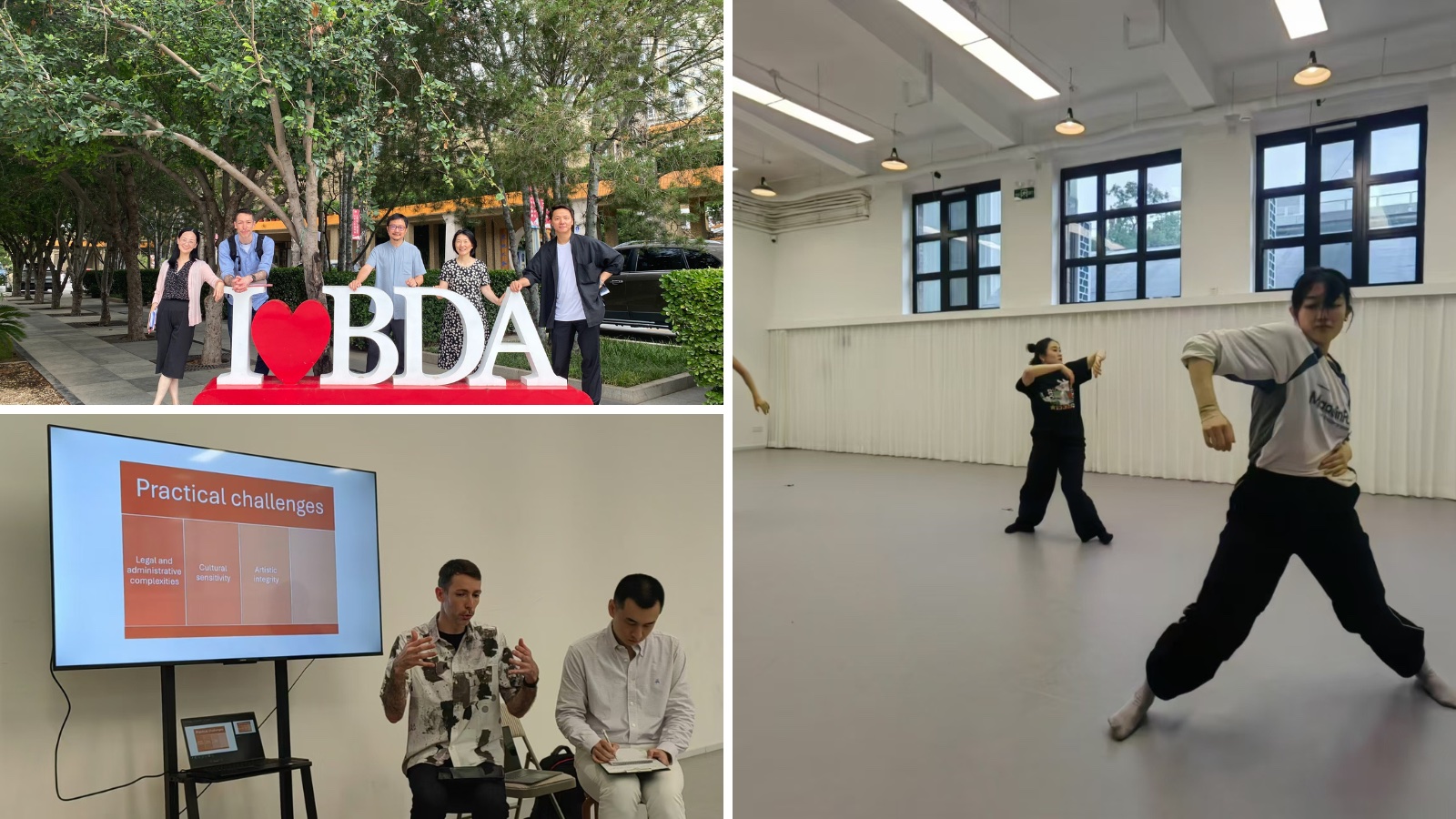A collage of three images from Scottish Dance Theatre’s visit to China. Images show the group in attendance standing outside under a tree, a presentation and two dancers performing for the group.
