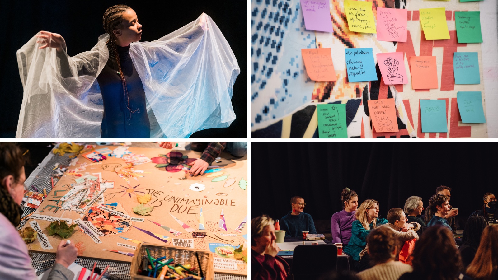 A collage of four images from Take One Action 2024. Images show a performer with sheer fabric over their shoulders, a wall of post it notes, a table covered in art supplies and a group of people participating in a session.