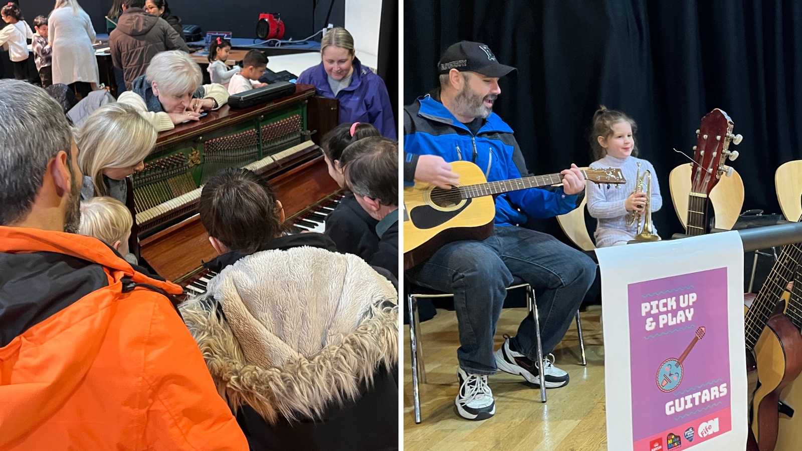 A collage of two images from a We Make Music Libraries event. Images show a group standing around a piano whilst somebody plays and two people sat playing a guitar and a trumpet.
